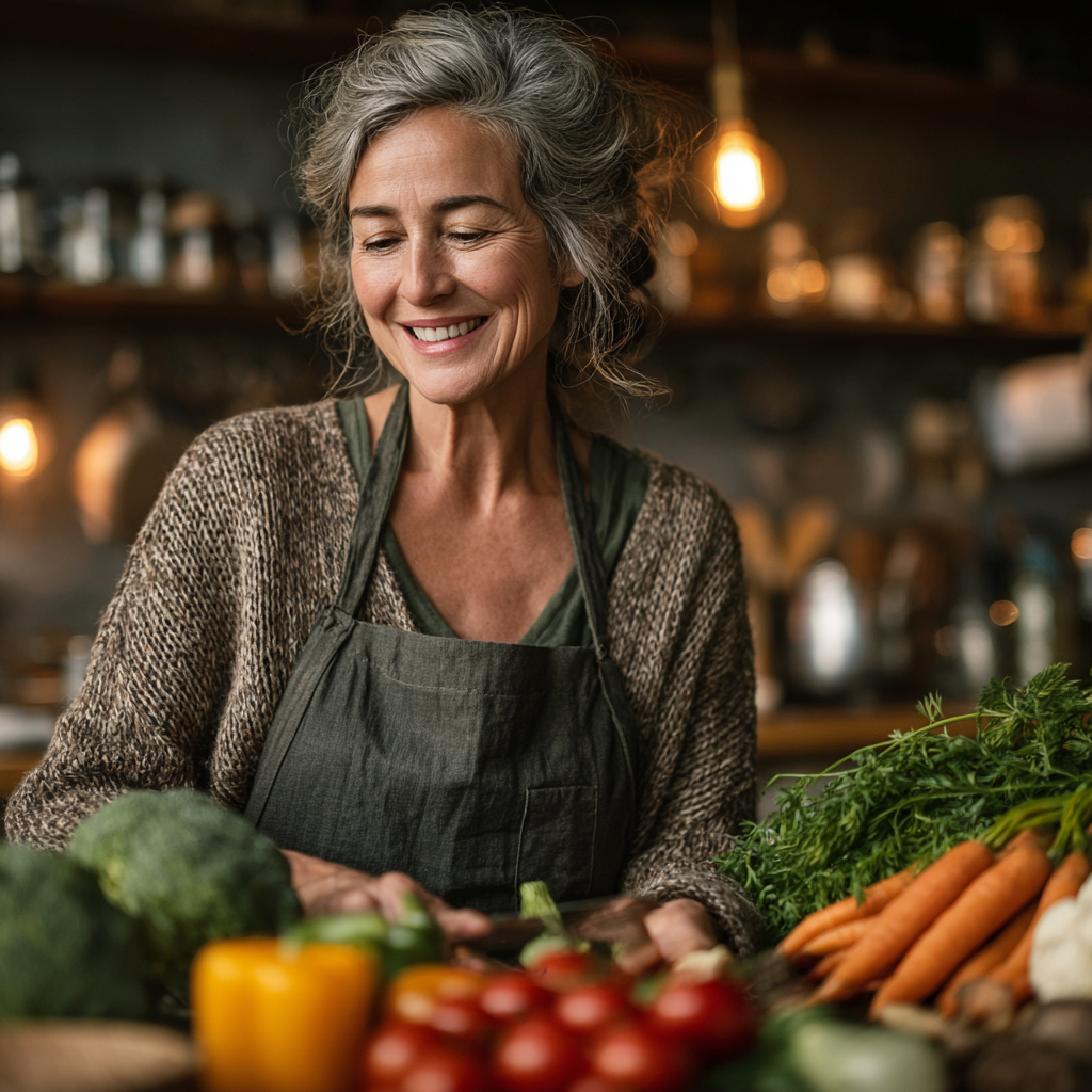 Smiling middle-aged woman in her kitchen preparing fresh healthy vegetables and fruits for meal planning, representing balanced nutrition lifestyle